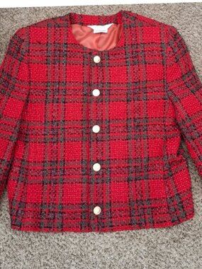 Tan Jay, Size 10, lined large knit red jacket with gold buttons